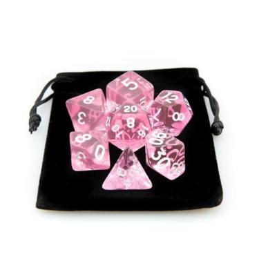 Imagem de Kit 7 Dados RPG de Mesa Translucido Acrilico Conjunto D4 D6 D8 D10 D10% D12 D20 Cor ROSA + 1 Dice Bag