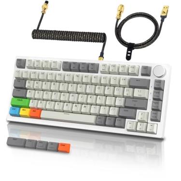 Imagem de ATTACK SHARK Gatilho rápido K85 75% com fio mecânico para jogos com botão magnético de acionamento ajustável, cabo espiral retroiluminado RGB, extra 5 teclas Dye-sub PBT para Win Mac Gamer (cinza)