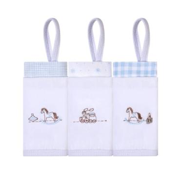 Imagem de Pano Paninho De Boca Bebe Menino e Menina Com Prendedor De Chupeta Com 3 Unidades Bordado 100% Algodão 40 x 40 cm (Cavalo De Madeira)