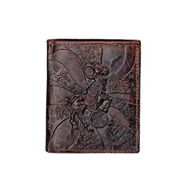 Imagem de Carteira masculina de couro, porta-cartão de crédito Manyip com dobra dupla, bolso para moedas, carteira com proteção contra roubo RFID. Material de proteção selecionado. Padrão de ovelha auspicioso.