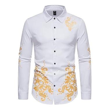 Imagem de Camisa masculina floral bronze lapela gola casual manga longa cor sólida camisa de praia, Branco, M