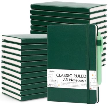 Imagem de Pacote com 24 cadernos, diários, volume com 24 canetas pretas, caderno de capa dura Feela A5, conjunto clássico de diário pautado com suporte de caneta para escola, trabalho, negócios, viagem, escrita 120 g/m², 13 cm x 21 cm, verde escuro