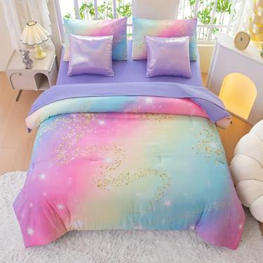 Imagem de Jogo de cama solteiro, arco-íris, galáxia, gradiente, solteiro, 7 peças, para meninas, meninos, rosa, para todas as estações