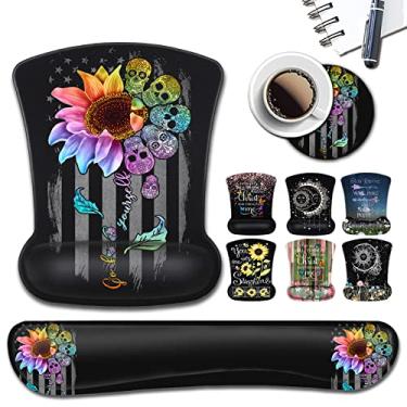 Imagem de Tapete de rato com suporte de pulso para jogos Mousepad escritório jogos de digitação fáceis para aliviar a fadiga base antiderrapante, padrão de caveira de girassol colorido decoração de mesa, teclado de espuma de memória macia suporte de pulso