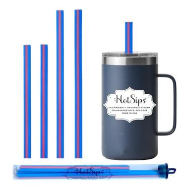 Imagem de Canudos reutilizáveis HotSips 2 pequenos + 2 médios com estojo de viagem, canudos ecológicos reutilizáveis com listras vermelhas para bebidas frias e quentes – 227 g – 473 ml – material não tóxico livre de BPA FDA reciclável