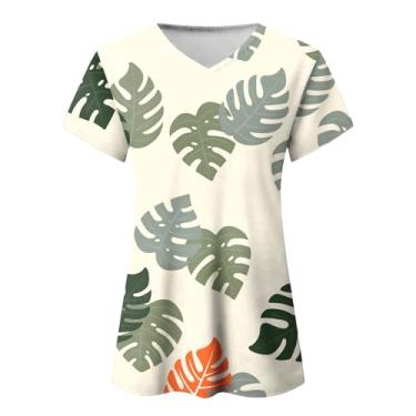 Imagem de Camiseta feminina casual de verão, floral, manga curta, gola V, estampada, solta, fenda lateral, túnica feminina N, Caqui, XXG