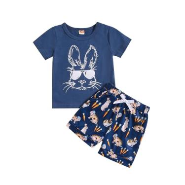 Imagem de Noubeau Roupas de Páscoa para bebês meninos, camiseta com estampa gráfica de coelhinho, manga curta, shorts de coelho, roupas de verão, Azul marinho, 18-24 Meses