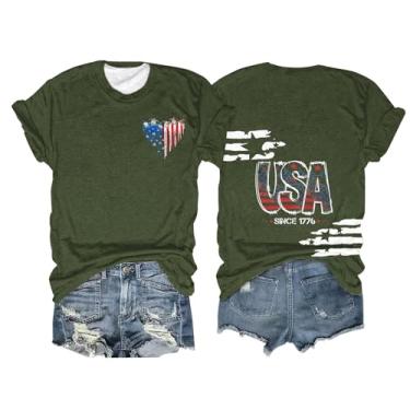Imagem de Camiseta feminina com bandeira americana de verão manga curta 4 de julho gola redonda casual saída elegante camiseta engraçada 2024 moderna, Verde militar, M