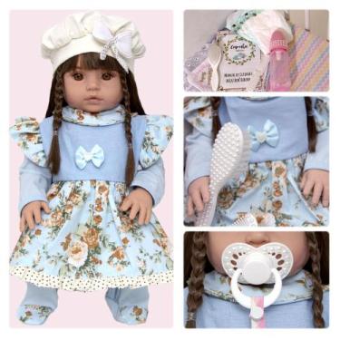 Imagem de Baby Reborn Princesa Cabelo Castanho Roupa Azul com Itens - Cegonha Re