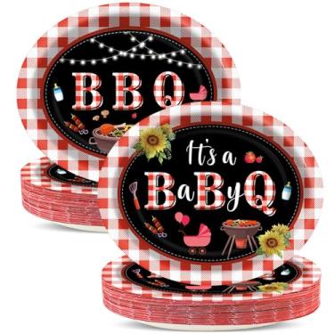 Imagem de Qyeahkj 50 peças de pratos ovais de papel para festa de churrasco de 28 cm grandes suprimentos de festa para churrasco, descartável, é um prato BabyQ para churrasco, piquenique, hambúrguer, bandeja de