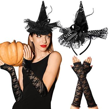Imagem de WILLBOND Witch Hats and Lace Gloves Set, Halloween Costume Accessories, Black, 4 Pieces Including 2 Headbands and 2 Pairs of Gloves for Dress Up and Party Supplies