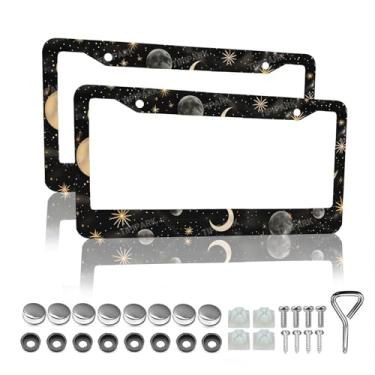 Imagem de Moldura para placa de carro Galaxy - 2 pacotes universais de aço inoxidável estrelas luas de carro molduras para placas de carro à prova de ferrugem para homens e mulheres GM2