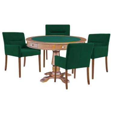 Imagem de Mesa de Jogos Carteado Victoria Redonda Tampo Reversível Amêndoa com Kit 4 Cadeiras Vicenza Suede Verde - Gran Belo