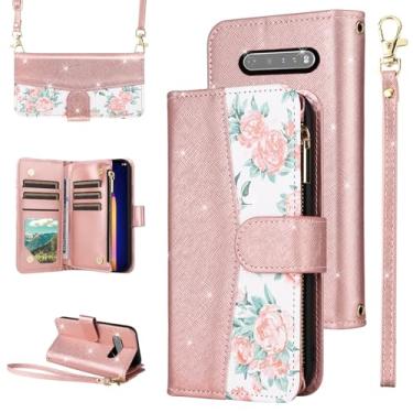 Imagem de Furiet Capa para LG V60 ThinQ V60ThinQ 5G G9 Thin Q Floral Carteira Flip Zipper Bolsa Alça de Pulso Alça de Ombro, Suporte de Cartão de Luxo Glitter Suporte Capa de Telefone para LGV60 V 60 60ThinQ