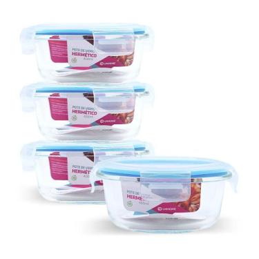 Imagem de Kit 4 Pote Vidro Hermético Pequeno Redondo 400ml Frutas - NABOX, Azul