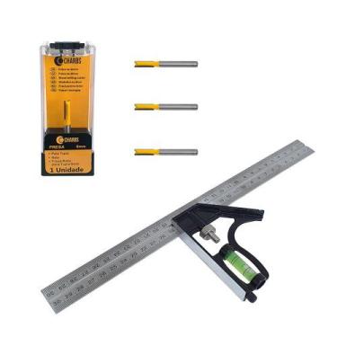 Imagem de Kit 4 Fresas Reta 6mm P/ Tupia + Esquadro Combinado C/ Nível - CHARBS