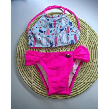 Imagem de biquini infantil cropped e calcinha drapeada estampa praia  - Atrevida