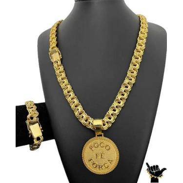 Imagem de Corrente Friso 12mm + Pulseira + Pingente - Banhado a Ouro - ToJoia18k