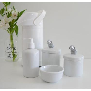 Imagem de kit Higiene Bebê Potes K021 Cotonete Prata Algodão Limpeza Porcelana M