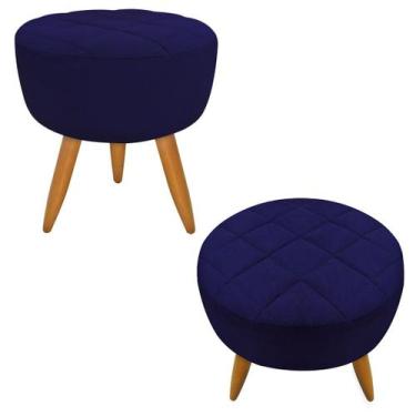 Imagem de Kit 02 Puff Banqueta Maitê Redondo Suede Azul Marinho Pés Castanho - M