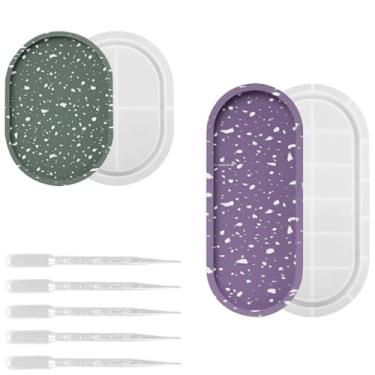 Imagem de 2 moldes ovais de bandeja de resina, moldes de resina de silicone com 5 conta-gotas de plástico, moldes de silicone para resina epóxi, bandeja oval epóxi, moldes de resina, porta-copos ovais de