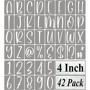 Imagem de Estêncil de letras do alfabeto de 10 cm para pintura – Pacote com 42 modelos de estêncil de letras e números com placas para pintura em madeira, estênceis reutilizáveis de letras e números para quadros de giz e arte de parede