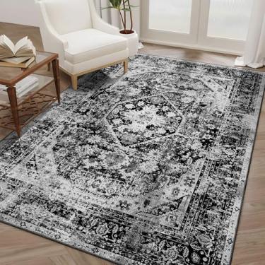 Imagem de MUJOO Tapete preto lavável, tapetes boho para quarto, sala de estar, cabeceira, escritório, antiderrapante, tapete para chão, macio, preto e branco, floral, 10 x 16,5 cm