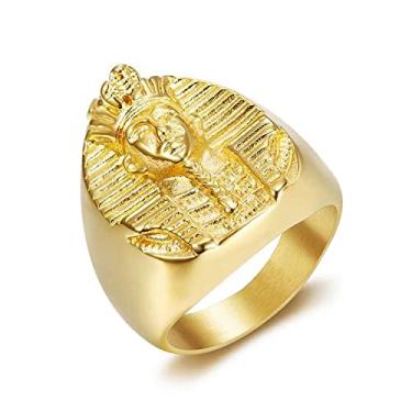 Imagem de LAIMIUMIU33 Anel 3D Horus Pharaoh King King TUT Anéis para homens Mamãe Egípcio Akhnaton 10 comandos Biker Anéis de Aço Inoxidável Iced Out Ring Joias Punk Anel Halloween Estilo Vintage, 9, Metal não