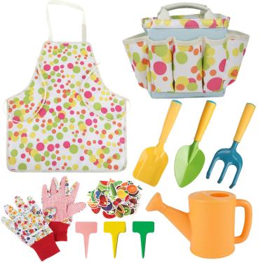 Imagem de GIFTRRTOY conjunto de jardinagem infantil, ferramentas de jardinagem infantil com regador, pá, ancinho, luvas, avental impermeável e bolsa de armazenamento, ferramenta de jardim infantil par