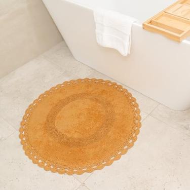 Imagem de BIEN BEAU Tapete de banho Boho redondo exclusivo com contorno de crochê - Tapetes de banheiro 100% algodão - Reversível - Tapete decorativo antiderrapante boêmio para banheiro e quarto - Decoração