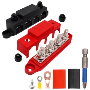 Imagem de SWZHAI 250A 12V Bus Bar Marine Bloco de distribuição de energia com tampa, 4 x 3/20.3 cm (M10), 3 x terminais de parafusos M4 (#8) barramento de bateria de 12 volts CC para barco, automotivo solar