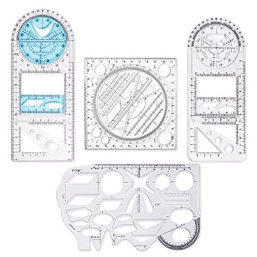 Imagem de Pacote com 4 réguas geométricas multifuncionais, conjunto de réguas de rascunho de ferramentas de medição de matemática, régua de modelo de desenho circular rotativo para estudantes que estudam,