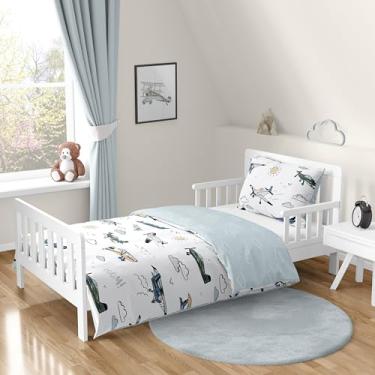 Imagem de Sweet Jojo Designs Jogo de cama vintage para meninos e crianças, 5 peças, lençol com edredom e fronha, cinza, verde, azul, branco, amarelo, transporte, nuvens, sol, céu