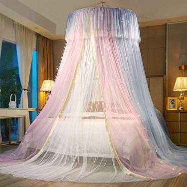 Imagem de VARWANEO Dossel de cama de princesa para meninas, cortina de dossel de cama - Cortina de cama de malha transparente de camada dupla - Mosquiteiro de princesa para cama de casal Queen King (rosa/cinza/branco)