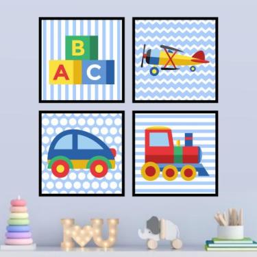 Imagem de Quadros Bebê Menino Azul Brinquedos Quarto Kit 4 Peças - CAMALEÃO DECO
