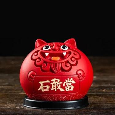 Imagem de Qyuena Xiamen Jinmen Okinawa estilo redondo Shisa Lions Foo Dogs Lucky Desk Decor requintado artigos de decoração de casa interior interior (vermelho, grande)