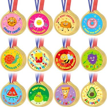 Imagem de 36 peças de medalhas de prêmio de plástico dourado adesivos motivacionais para crianças professores adesivos de recompensa material escolar para festa esportiva sala de aula motivação e treinamento