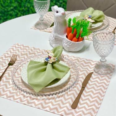 Imagem de Kit 6 Jogos Americanos com 6 Guardanapos e 6 Pg Páscoa Colorido Póa (CHEVRON SALMÃO - GUARDANAPO VERDE ERVA DOCE - PG COELHO CHOCOLATE)
