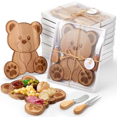 Imagem de Conjunto de 24 12 conjuntos de lembrancinhas de festa de chá de bebê em forma de urso, inclui 12 pequenas tábuas de charcutaria de corte de madeira com facas e garfos, caixa de presente para