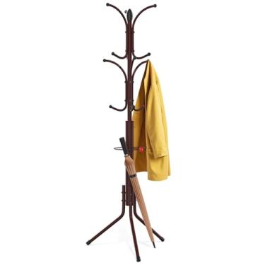 Imagem de Ulimart Cabide independente, 12 ganchos de metal com suporte de guarda-chuva, resistente para corredor, suporte de montagem fácil para pendurar cachecol, bolsa, chapéus, jaqueta (marrom)