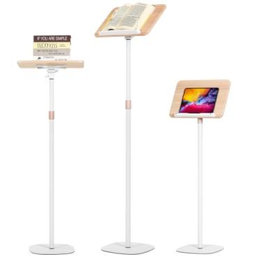 Imagem de HDCHQXQ Suporte ajustável para livros, altura de 50 a 130 cm, suporte de música, suporte de laptop para bíblias de tablet, receitas, culinária, livros, suporte de exibição de madeira, estável e