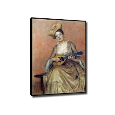 Imagem de Quadro preto - impressões em tela arte de parede reprodução de pintura famosa - "Retrato de uma mulher com bandolim por Albert Edelfelt Impressão em tela giclée e pôsteres-arte de parede em tela