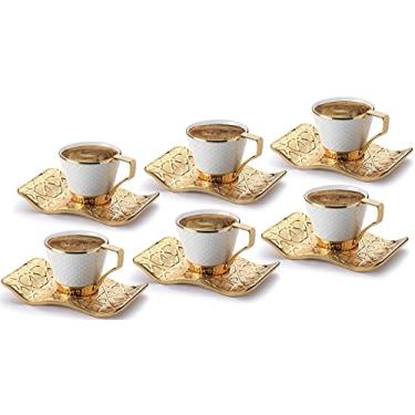 Imagem de DEMMEX Conjunto de xícaras de café e café expresso turco grego árabe bósnio para 6 – 18 peças, xícaras de porcelana (80 ml) com suportes e pires de metal dourado - elegância chique otomana, branco e