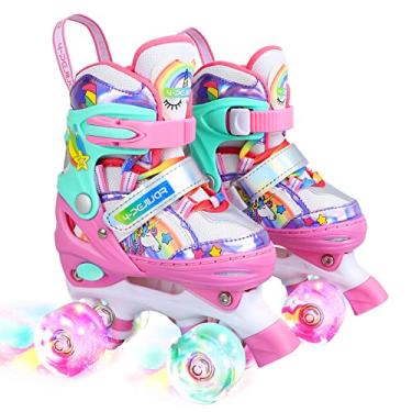 Imagem de Patins infantis de unicórnio arco-íris para meninas e meninos de 5 a 8 anos, 4-Pejiijar sapatos ajustáveis com rodas luminosas para presentes de aniversário e Natal.