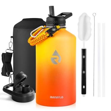 Imagem de Garrafa térmica para água, aço inoxidável com parede tripla isolada a vácuo (fria por 48 h), jarra grande à prova de vazamento, sem BPA, alça de paracord, tampas de bico e canudo, 3,8 L