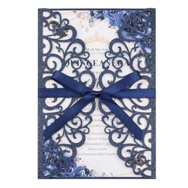 Imagem de Mabbcoo 50 peças de convites de casamento personalizados com envelopes e cartões RSVP, folhas internas em branco convite de festa para chá de panela de aniversário de quinze anos - azul escuro