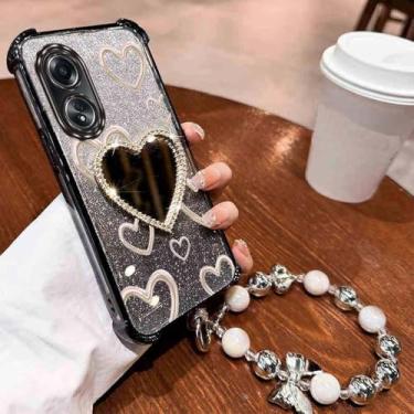 Imagem de Airbag Pulseira Glitter Amor Coração Espelho de Maquiagem Capa de Telefone para Oppo A54 A55 A57 A58 A76 A77 A78 a96 4G 5G Capa, Preto, Para Oppo A57 4G