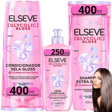 Imagem de Kit Shampoo + Condicionador 400ml + Creme Para Pentear 250ml Elseve Glycolic Extra Gloss
