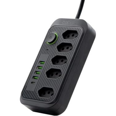 Imagem de Extensão Tomada Régua Tomada, Régua de Energia com 5 Tomadas, 4 Interfaces USB, 1 Porta USB Tipo-C, Cabo de Alimentação de 1,9 metros, Suporte a Tensão de 110-220V, Potência de 2500W (Preto)