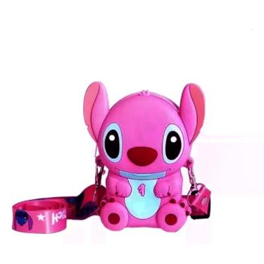 Imagem de Mini Bolsa Infantil Stich Desenho Escolar Lancheira Transversal Silicone, Porta Carteira e Alça Ajustável Cor Rosa